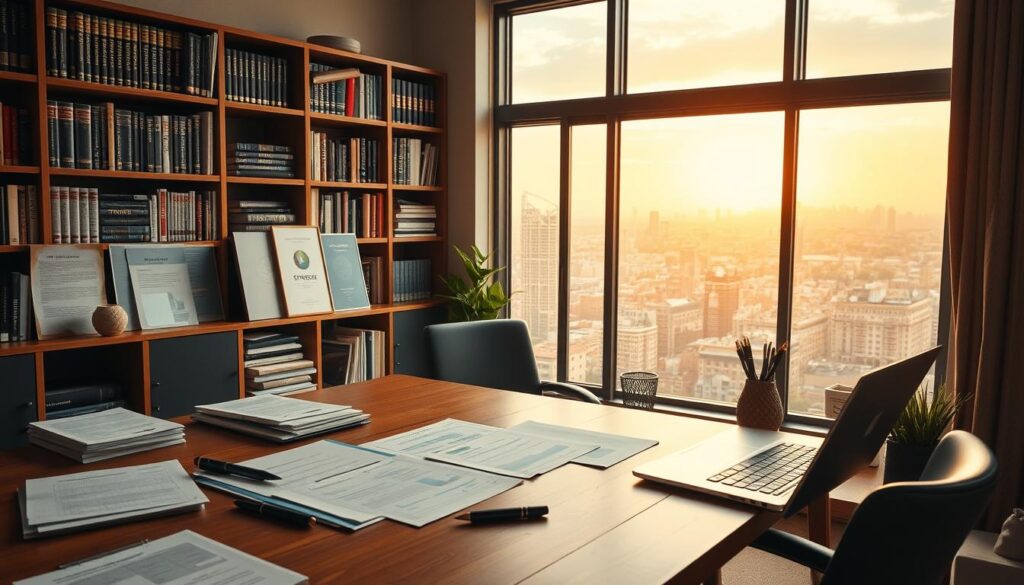 A cozy home office setting, with a large wooden desk in the foreground featuring an assortment of business documents, pens, and a laptop. In the middle ground, a bookshelves adorned with volumes on strategy and entrepreneurship. The background showcases a panoramic view through a window, revealing a bustling cityscape bathed in warm, golden-hour lighting. The overall atmosphere conveys a sense of focus, contemplation, and the pursuit of strategic growth for a small business.