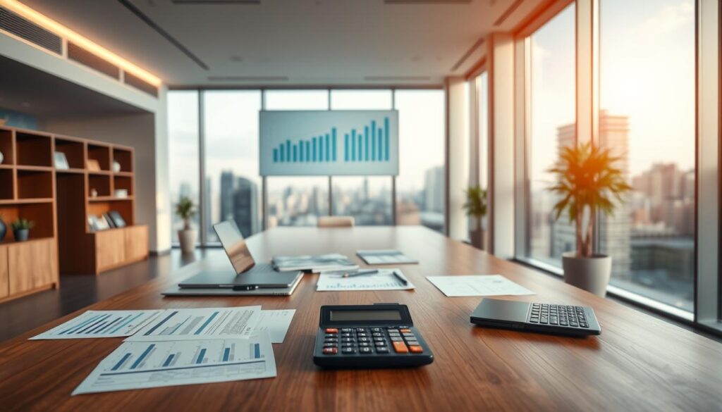 A sleek, modern office interior with a large, wooden desk in the foreground. On the desk, various financial documents, a laptop, and a calculator are neatly arranged, suggesting meticulous financial management. The middle ground features a wall-mounted display showing charts and graphs, highlighting the analytical aspects of financial liquidity. In the background, floor-to-ceiling windows offer a panoramic view of a bustling city skyline, conveying the broader context of financial decisions. Soft, directional lighting creates a warm, professional atmosphere, emphasizing the importance of effective financial liquidity management. The overall composition suggests a harmonious balance between data-driven analysis and strategic decision-making.