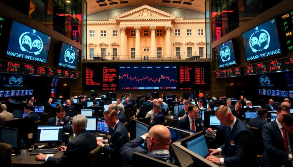 A bustling trading floor of the Warsaw Stock Exchange, with brokers in suits and ties rapidly entering buy and sell orders on their computer terminals. The large electronic display board in the center of the room showcases the day's stock price fluctuations in real-time, casting a warm glow across the intense faces of the investors. In the background, the grand neoclassical facade of the stock exchange building is visible through the windows, a symbol of the long history and tradition of Polish financial markets. The atmosphere is one of focused energy and high-stakes decision making, capturing the essence of the Warsaw Stock Exchange as the heart of capital investment in Poland.