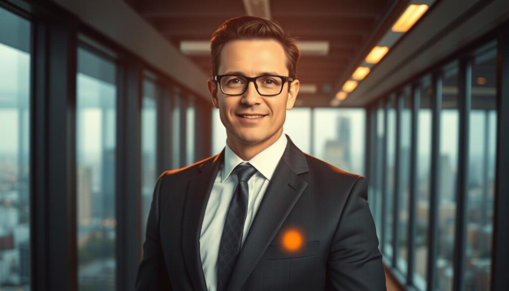 A professional executive wearing a sharp suit and confident expression, standing in a modern office with floor-to-ceiling windows overlooking a bustling cityscape. Warm, directional lighting illuminates their face, creating a sense of purpose and determination. The background is slightly blurred, placing the focus on the individual and their personal brand. The overall mood is one of success, ambition, and the power of self-branding to propel one's career forward.