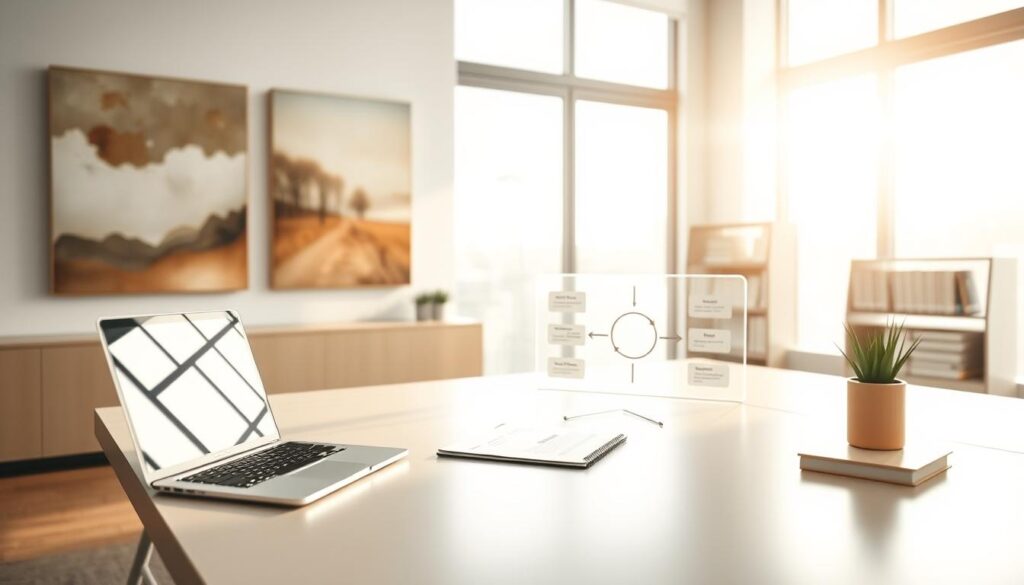 A serene office setting, with a clean, minimalist desk showcasing a laptop, notepad, and a succinct project management diagram. Soft, natural lighting filters through large windows, casting a warm glow on the scene. The walls feature abstract paintings in soothing earth tones, creating a calming, professional atmosphere. In the background, a subtle bookshelf displays volumes on project management methodologies. The overall composition exudes an aura of organized productivity, reflecting the principles of effective project management.