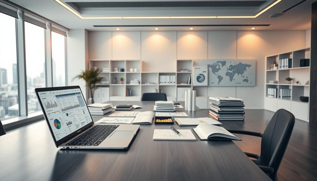 A sleek, modern office setting with a large desk showcasing an array of analytical tools. In the foreground, a high-end laptop displays intricate data visualizations, while a tablet and stylus invite interactive exploration. The middle ground features neatly organized files, graphs, and reference materials, radiating a sense of professional expertise. The background is filled with minimalist shelving, a large window offering a cityscape view, and subtle, warm lighting that creates a sophisticated, productivity-enhancing atmosphere. The overall scene conveys the seamless integration of cutting-edge analytics into a dynamic, technology-driven business environment.