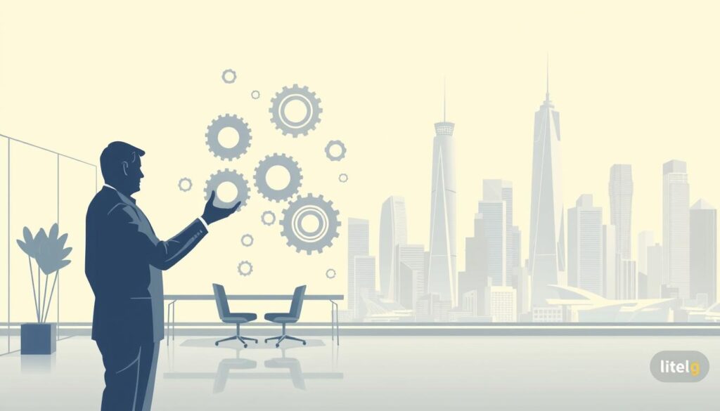 A contemporary digital illustration depicting the introduction to business process automation. In the foreground, a human figure gestures towards a series of interconnected gears and cogs, symbolizing the integration of manual and automated workflows. The middle ground features a sleek, minimalist office environment with clean lines and muted tones, conveying efficiency and optimization. In the background, a cityscape with towering skyscrapers and futuristic architecture suggests the broader context of technological advancement and corporate modernization. The lighting is soft and diffused, creating a sense of focus and clarity, while the composition is balanced and visually appealing, guiding the viewer's attention to the core concept of introducing automation into business processes.