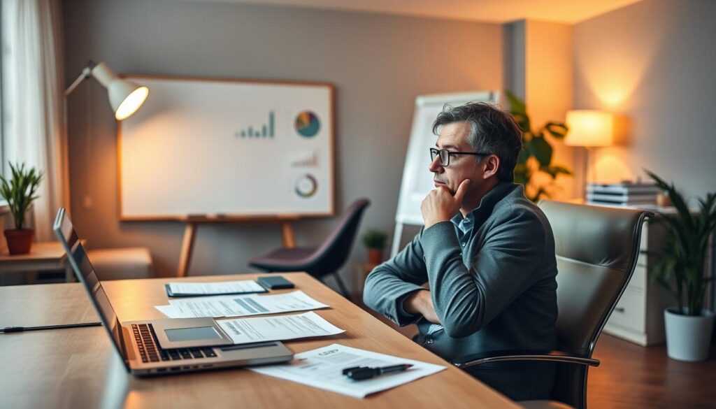 A cozy office setting with a desk, chair, and a whiteboard in the background. On the desk, there are financial documents, a laptop, and a pen. The lighting is warm and inviting, casting a soft glow over the scene. In the foreground, a businessman is sitting at the desk, deep in thought, contemplating the budgeting process for his small enterprise. The atmosphere conveys a sense of focused productivity and strategic planning, reflecting the topic of "Wprowadzenie do budżetowania w małych przedsiębiorstwach."