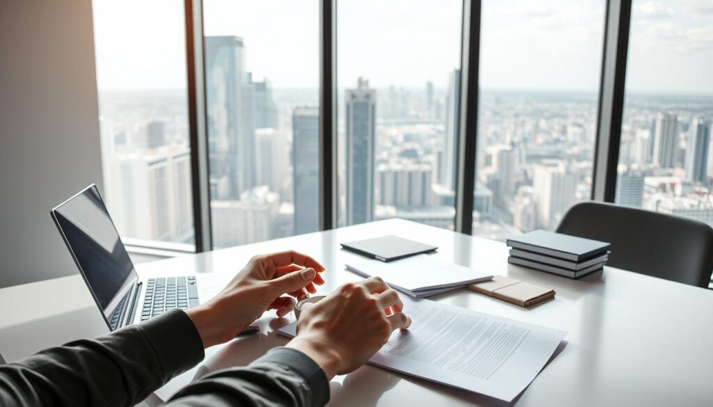 A serene and minimalist office setting, with a large window overlooking a bustling city skyline. Soft, natural lighting filters in, illuminating a sleek, modern desk adorned with a laptop, a cup of coffee, and a few well-organized documents. In the foreground, a person's hands are thoughtfully arranging these materials, conveying a sense of intentionality and focus on the task of "Wprowadzenie do skalowania" - the introduction to scaling a business online. The overall atmosphere is one of calm professionalism, reflecting the expert guidance and strategies the article aims to provide.