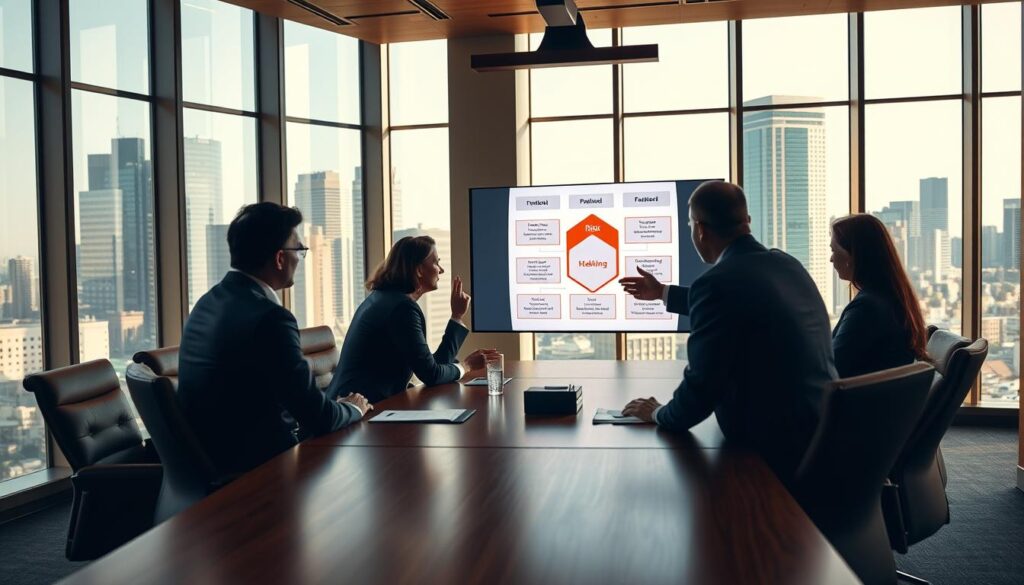 A well-lit corporate boardroom with a large wooden table and leather chairs. In the foreground, a group of business executives engaged in a serious discussion, gesturing towards a digital display presenting a risk management framework. Tall windows in the background offer a view of a bustling city skyline, emphasizing the importance of this topic in the modern business landscape. Warm, authoritative lighting casts an air of professionalism and gravitas, as the team collaborates to navigate the complexities of enterprise risk management.