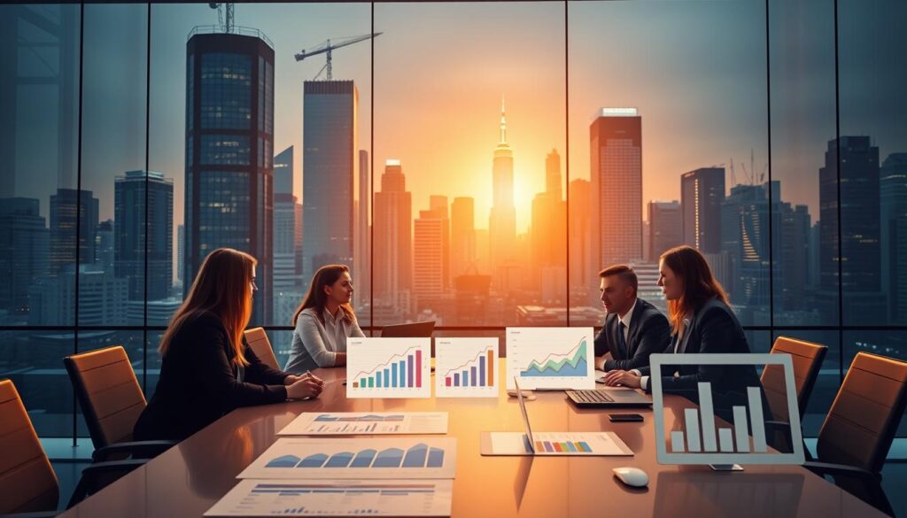 A well-lit, high-resolution scene depicting strategic marketing concepts for business success. In the foreground, a team of businesspeople gathered around a conference table, discussing charts and graphs projecting growth and revenue. In the middle ground, an array of digital devices and marketing analytics dashboards. In the background, a cityscape with tall skyscrapers, symbolizing the expansive reach and ambition of the company. Warm, professional lighting casts a sense of dynamism and purpose. Crisp, detailed textures and a focus on the human elements convey the importance of strategy and teamwork in driving organizational triumph.