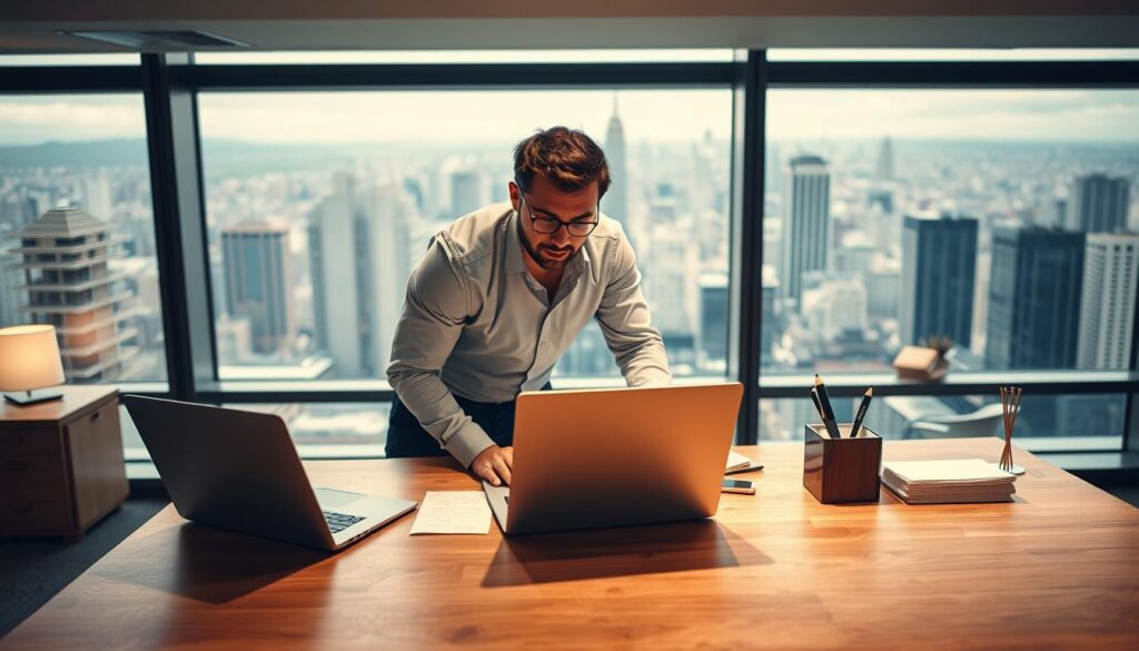 A bustling office setting, with an entrepreneur intently focused on managing their time. A sleek wooden desk dominates the foreground, adorned with a modern laptop, a neatly organized stack of documents, and a minimalist desk organizer. The entrepreneur, clad in a crisp shirt and trousers, leans forward, their expression a careful balance of concentration and determination. Soft, directional lighting casts a warm glow, highlighting the efficient workspace and the entrepreneur's purposeful demeanor. In the background, a panoramic window offers a view of a thriving urban landscape, underscoring the dynamic environment in which the entrepreneur operates. The overall scene conveys a sense of productivity, organization, and the critical importance of time management for the modern entrepreneur.
