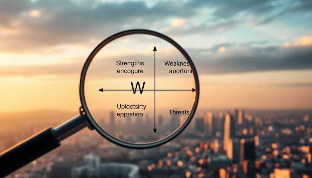 A captivating illustration of the SWOT analysis concept. In the foreground, a magnifying glass hovers over a sprawling business landscape, highlighting key strategic elements. In the middle ground, four distinct quadrants emerge, each representing the Strengths, Weaknesses, Opportunities, and Threats that shape an organization's path to success. The background features a soft, blurred cityscape, conveying the broader context in which businesses operate. The lighting is warm and inviting, creating a sense of thoughtful contemplation. The composition is balanced and visually engaging, inviting the viewer to delve deeper into the intricacies of this essential strategic planning tool.
