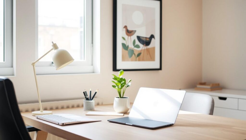 A cozy, well-lit office space with a minimalist, Scandinavian-inspired desk setup. On the desk, an open laptop, a pen holder, and a plant in a simple ceramic pot. The background features a neutral-toned wall with a framed abstract artwork hanging above the desk. Soft, natural lighting filters through a window, casting gentle shadows and highlighting the clean, professional aesthetic. The overall mood is one of productivity, focus, and an entrepreneurial spirit, setting the stage for the introduction to starting a sole proprietorship.