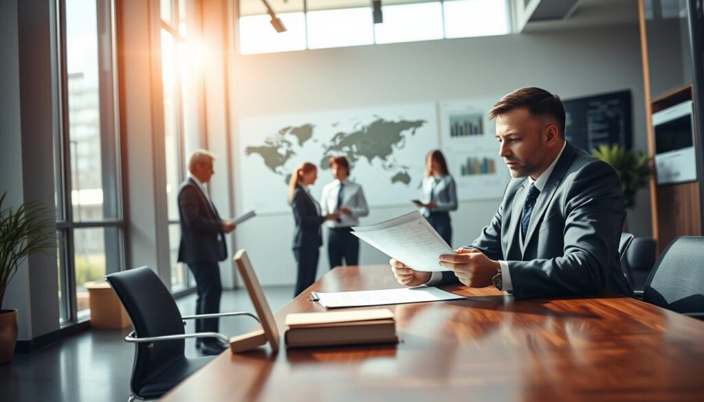 A modern and sleek office interior, filled with natural light streaming in through large windows. In the foreground, a businessman sits at a polished wooden desk, reviewing financial documents and contemplating a loan application. The middle ground features a team of professionals collaborating on a business plan, their expressions focused and determined. In the background, a world map and financial charts adorn the walls, hinting at the global reach and complex nature of business financing. The lighting is soft and warm, creating an atmosphere of professionalism and productivity. The overall scene conveys the careful consideration and decision-making involved in securing business credit to fund a company's growth and development.
