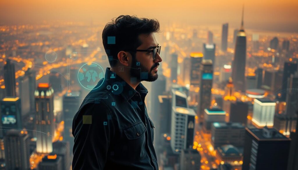 A digital transformation landscape with a dynamic, interconnected cityscape in the background. In the foreground, a central figure representing a small business owner, deep in thought, surrounded by holographic interfaces, data streams, and technological elements. The scene conveys a sense of transition, innovation, and the embracing of new digital tools and processes. Warm lighting, a slightly hazy atmosphere, and a subtle color palette create a contemplative, introspective mood. The overall composition emphasizes the importance of digital transformation for small businesses, while maintaining a sense of thoughtfulness and deliberation.