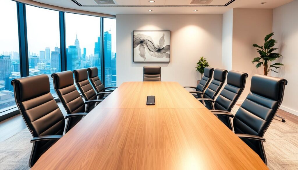 A modern, minimalist corporate office interior with warm lighting and clean lines. In the foreground, a sleek, wooden conference table surrounded by ergonomic leather chairs. In the middle ground, a large window overlooking a bustling city skyline. In the background, a subtle, abstract artwork on the wall and a potted plant in the corner, creating a professional yet inviting atmosphere. The lighting is soft and diffused, casting a cozy glow over the scene. The overall composition conveys a sense of confidence, efficiency, and attention to detail, reflecting the process of acquiring a limited liability company.