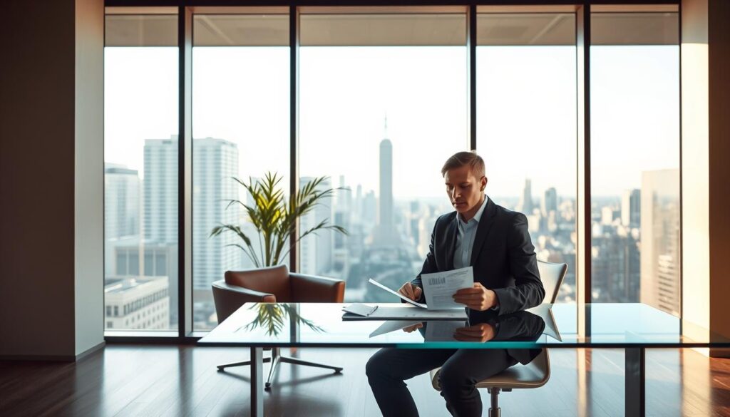 A modern, minimalist office interior with large windows overlooking a cityscape. In the foreground, a stylish businessman in a suit sits at a glass-topped desk, deep in thought as he reviews financial documents. The middle ground features a sleek leather chair and a potted plant, creating a sense of balance and sophistication. The background showcases the urban skyline, with skyscrapers and a blue-tinted sky. The lighting is warm and soft, creating a professional yet contemplative atmosphere. The overall scene conveys the concept of "wycena wartości firmy" - the valuation of a company's worth.